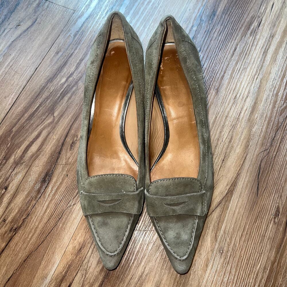 Vintage Coach Taupe Suede Size 7.5 Kitten Heel Pumps Olive Green Pointed Toe - Picture 6 of 12